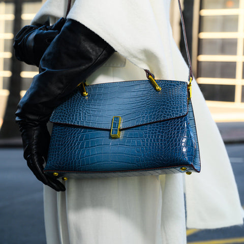 Emily | Elegant Blue Croc-Embossed Leather Tote Bag