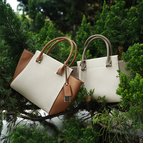 Beige Canvas Tote Bag with Genuine Leather