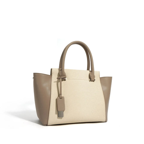 Beige Canvas Tote Bag with Genuine Leather