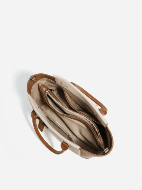 Beige Canvas Tote Bag with Genuine Leather